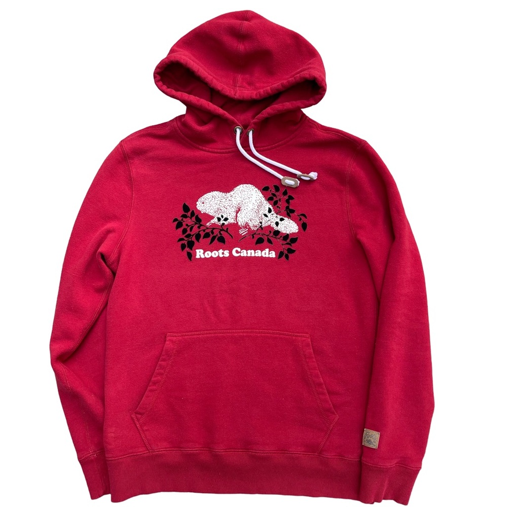 Women’s Roots Hoodie, Red with Classic White Logo & Black Velvety Flocked Detail